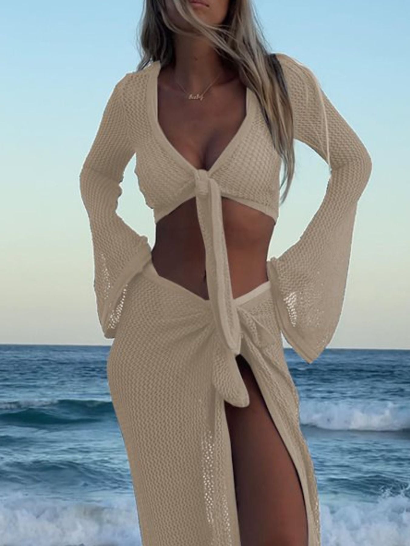 Crochet Knit Long Sleeve Crop Top and Slit Skirt Sweater Set - Girly Tea