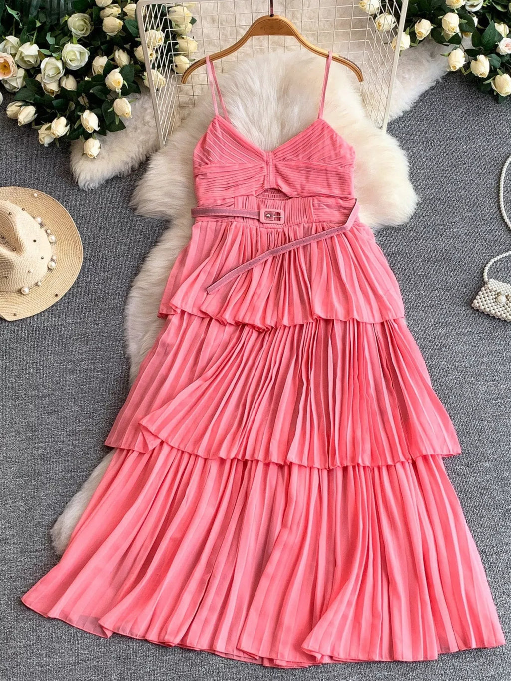 Pleated Layered Spaghetti Strap Midi Dress - Girly Tea