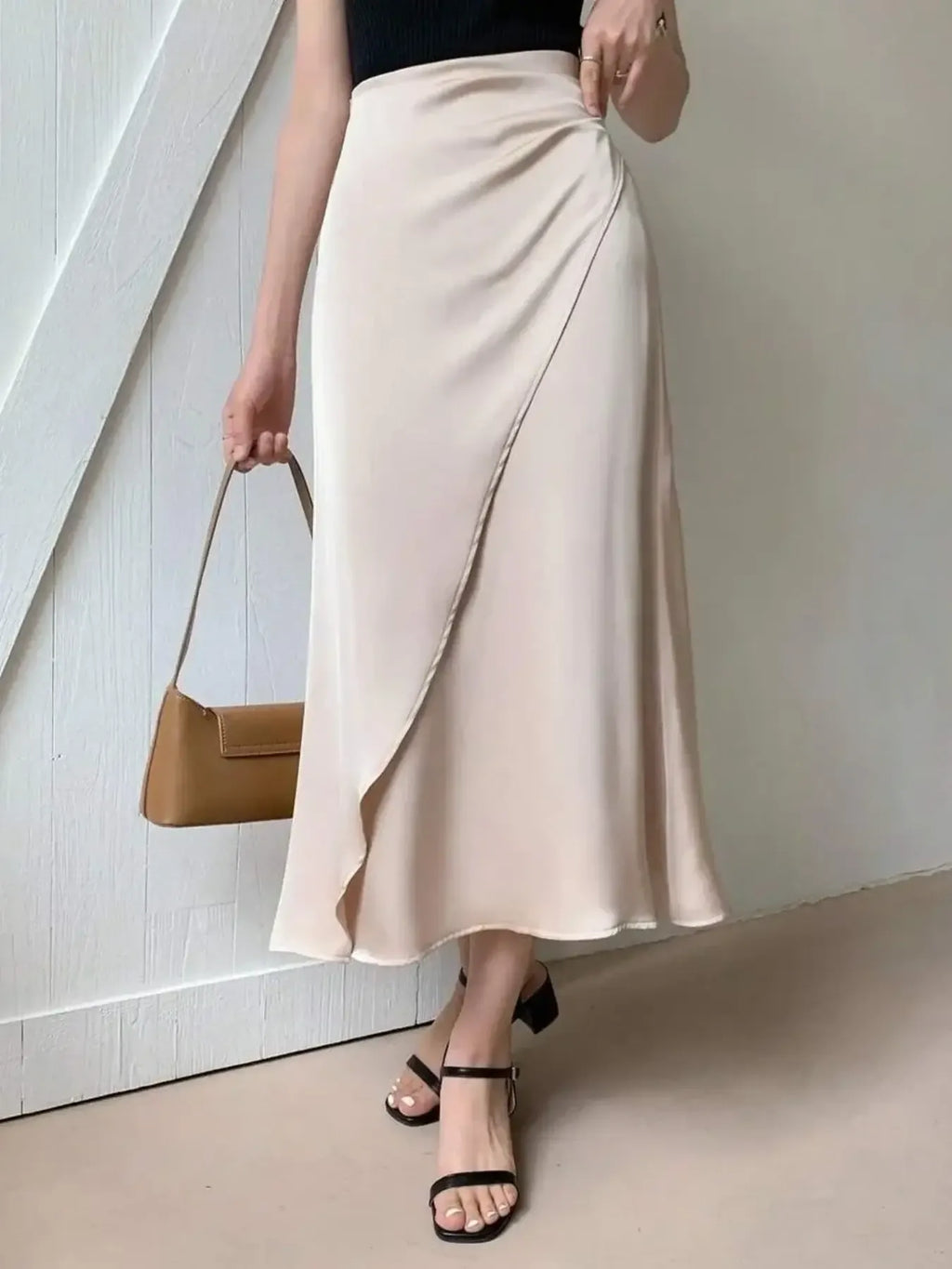 Asymmetric Wrap Midi Skirt with Fluted Hem - Girly Tea