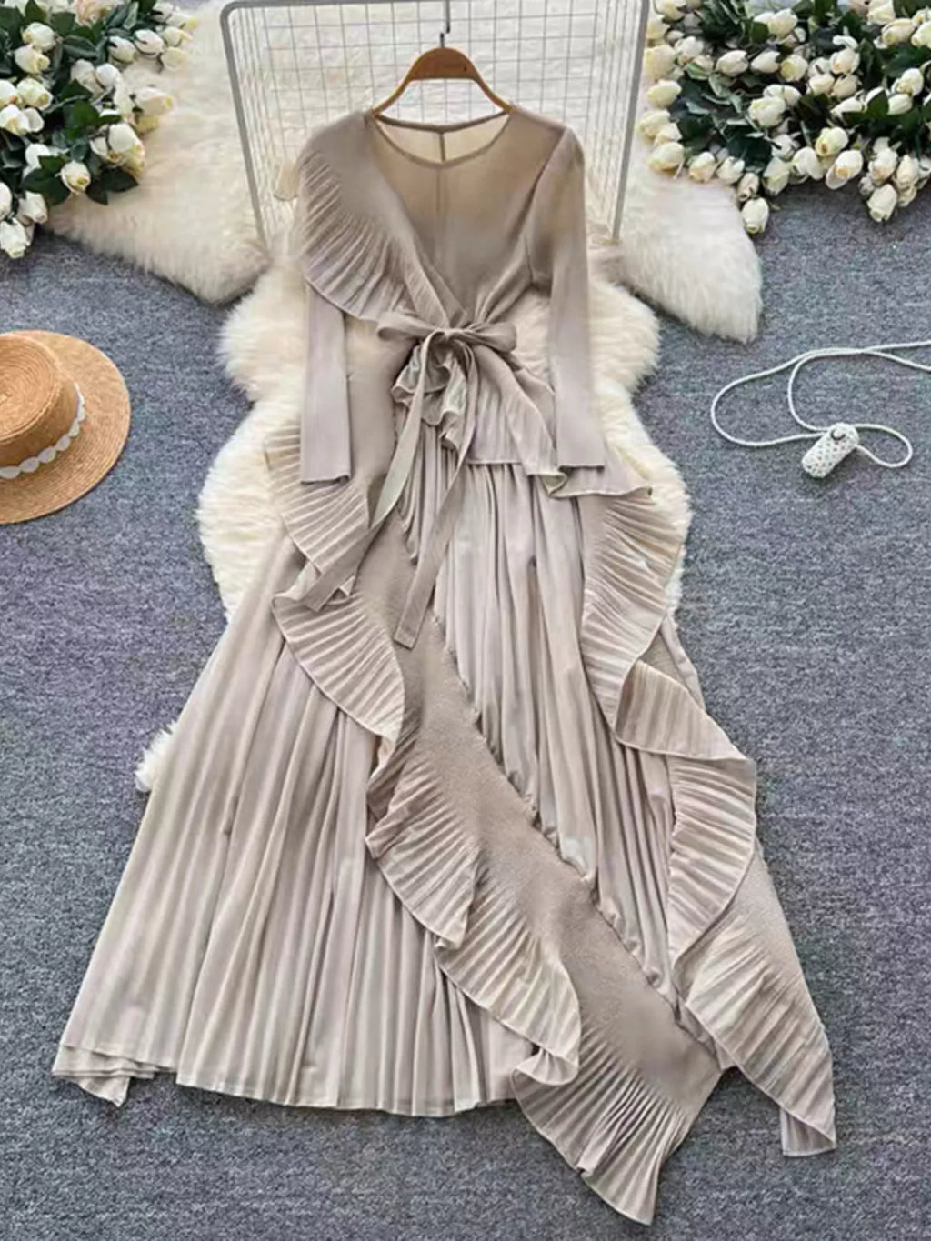 Ruffle Trim Pleated Midi Dress - Girly Tea