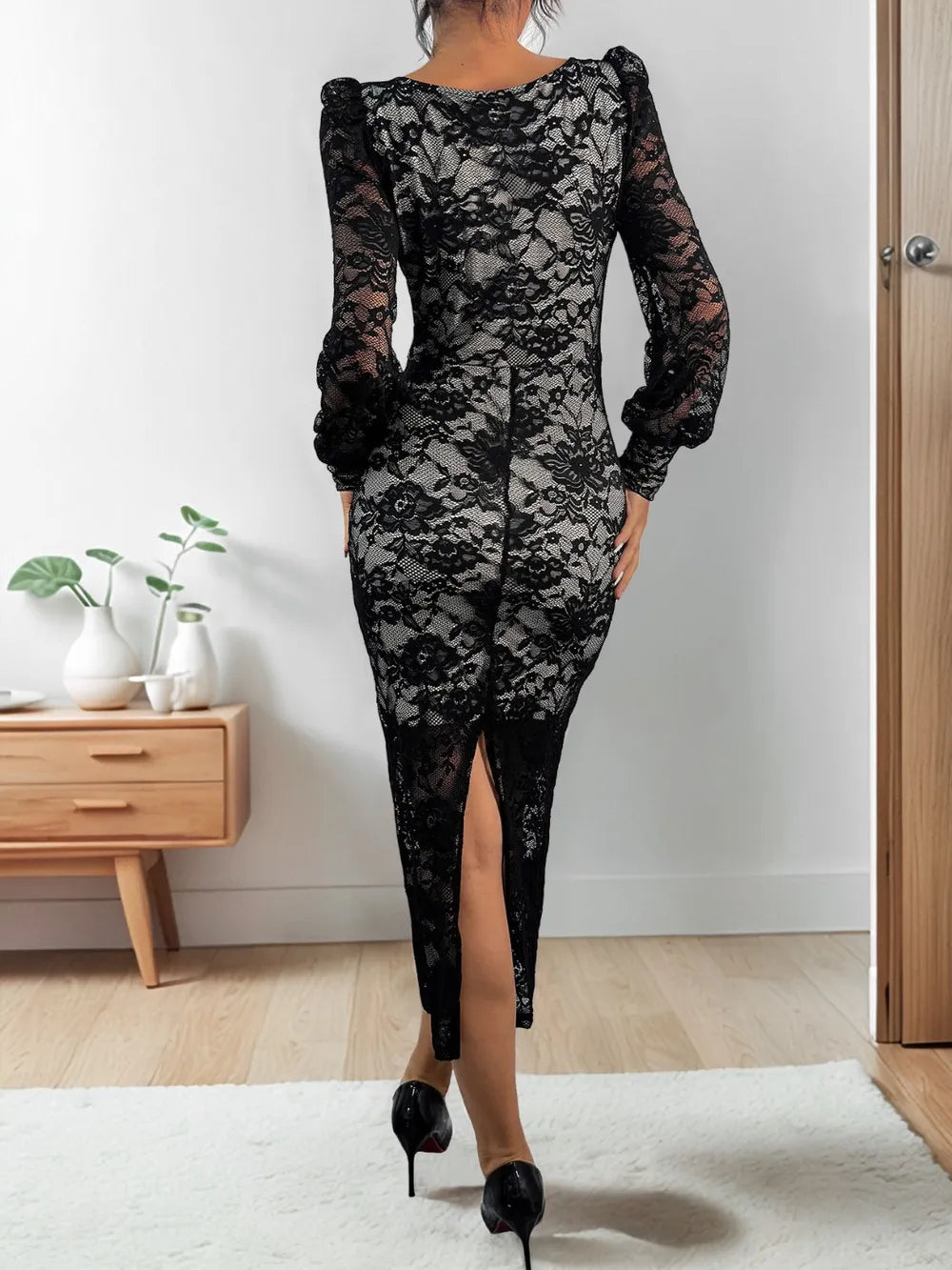 Perfee Lace Sweetheart Neck Long Sleeve Midi Dress - Girly Tea