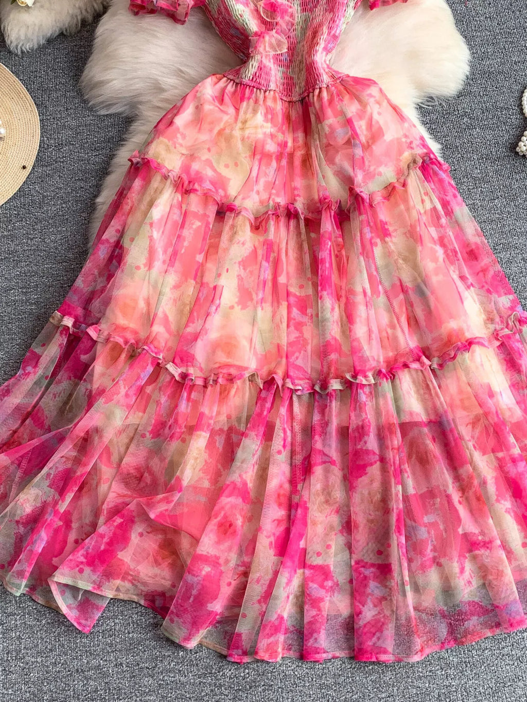 Smocked Floral Tiered Mesh Midi Dress - Girly Tea