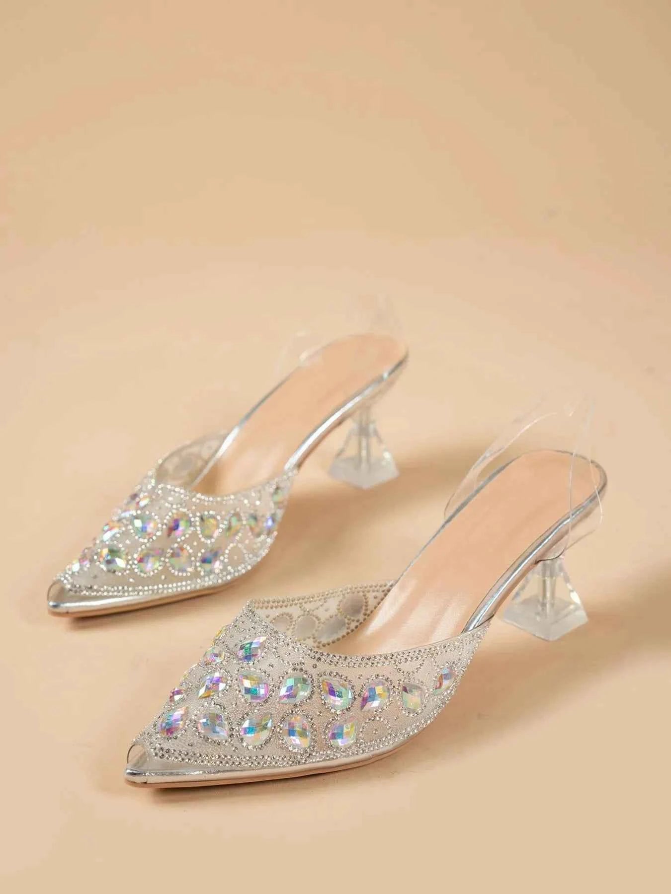 Rhinestone Point Toe Flare Heel Sandals