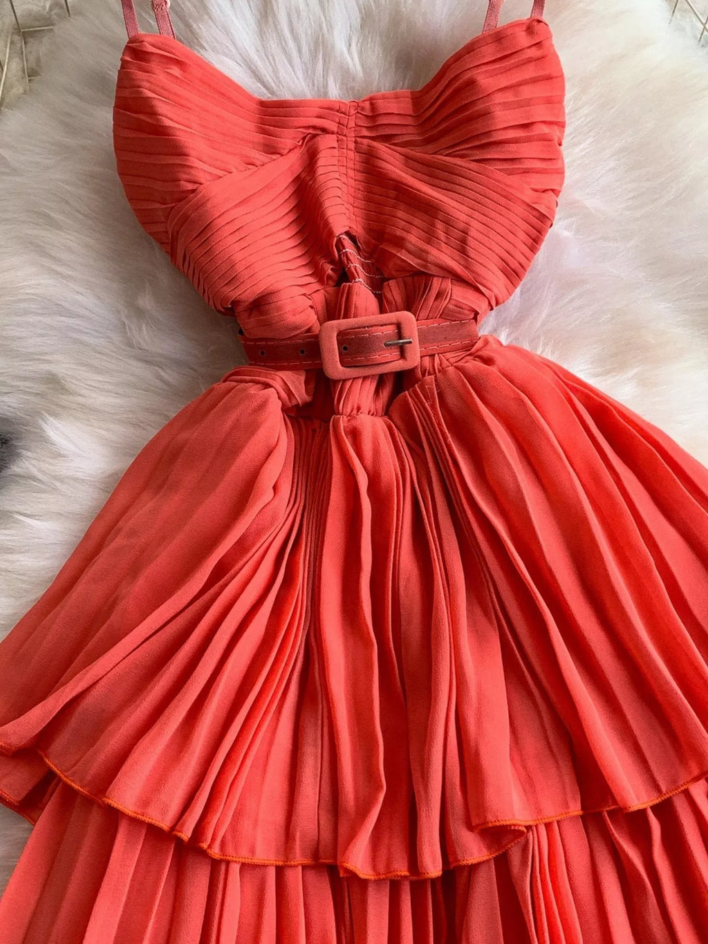 Pleated Layered Spaghetti Strap Midi Dress - Girly Tea