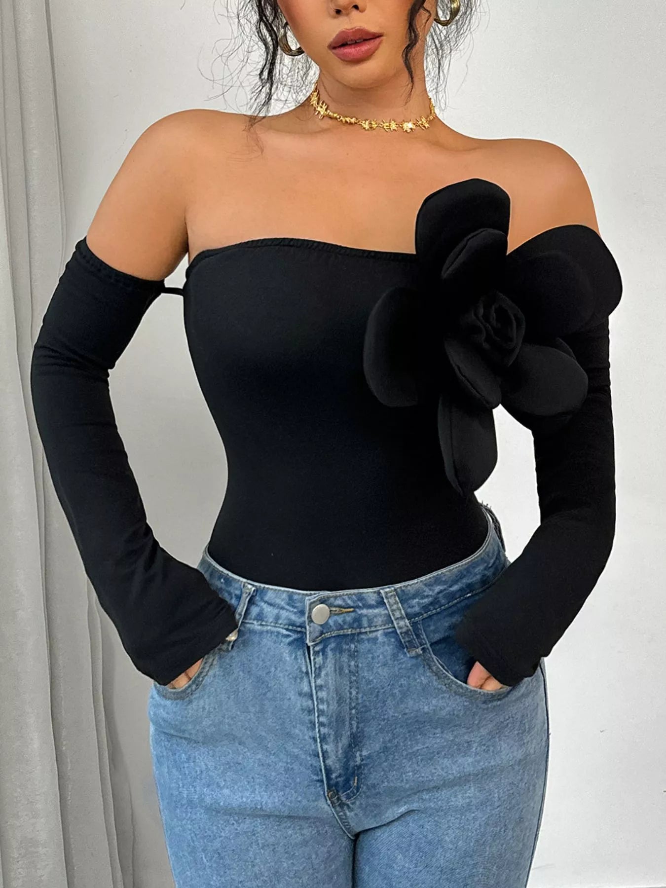Flower Off-Shoulder Long Sleeve Bodysuit - Girly Tea