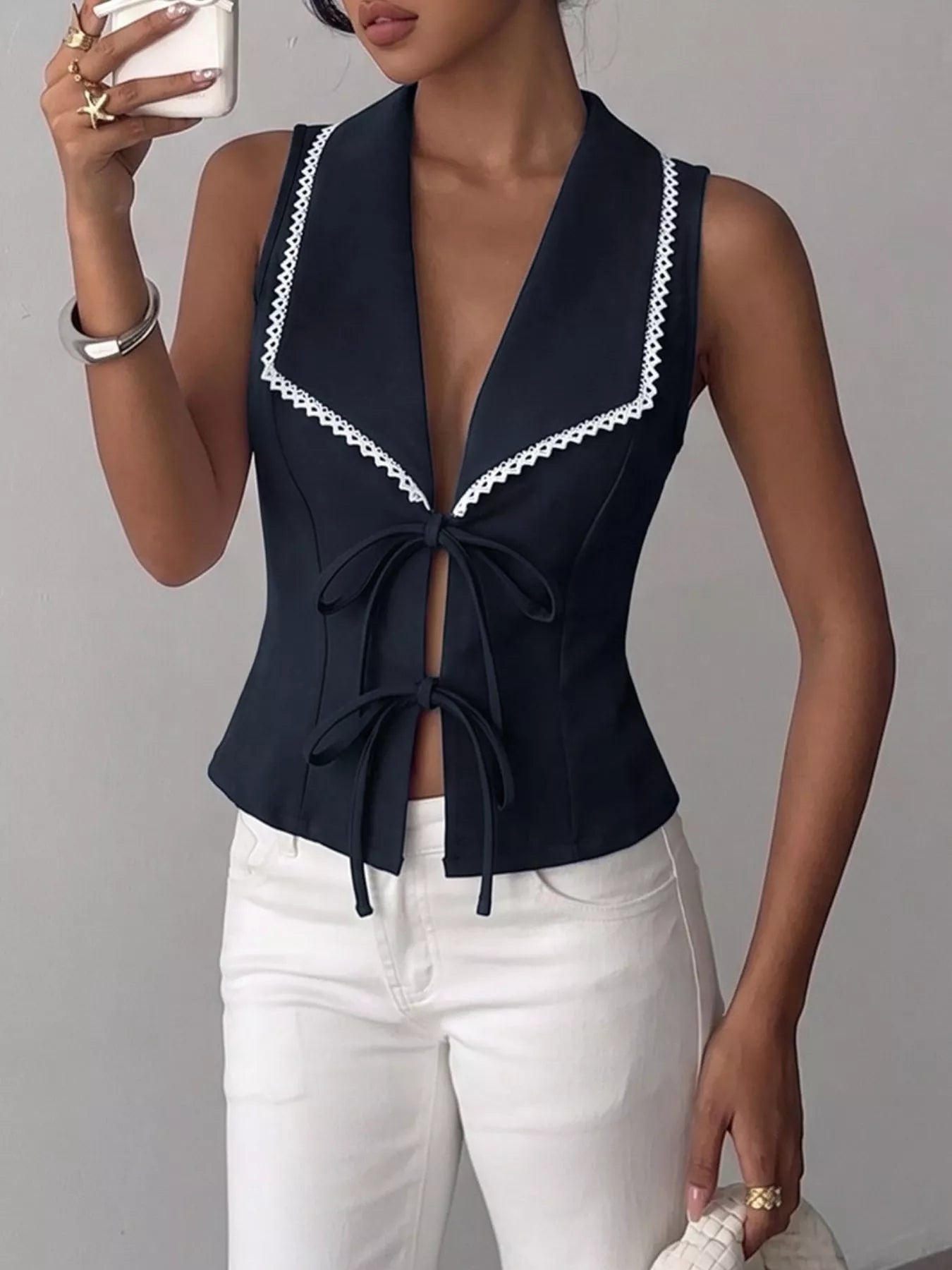 Lace Trim Tie-Front Vest - Girly Tea