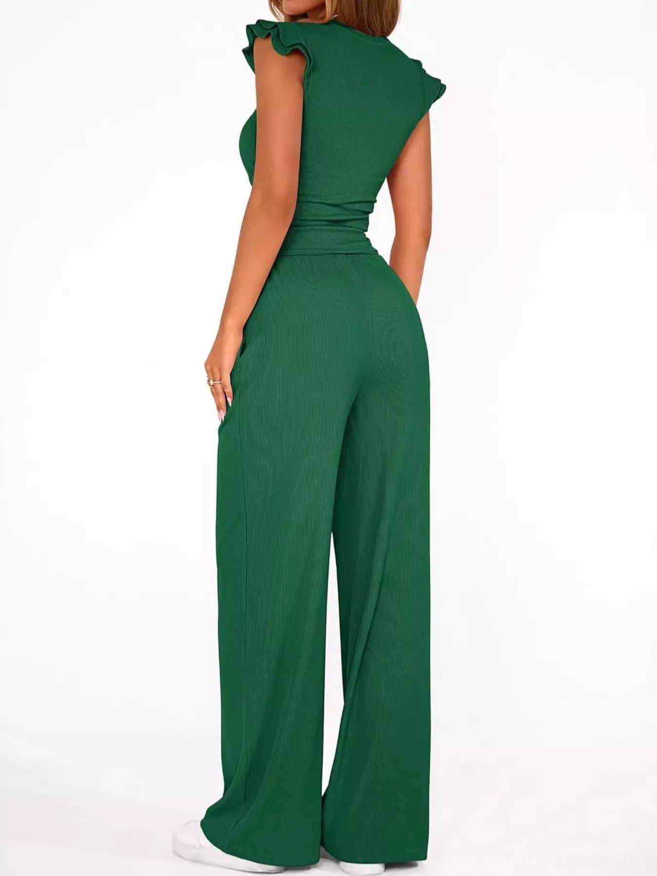 Ruffled Mock Neck Top and Wide Leg Pants Set - Girly Tea