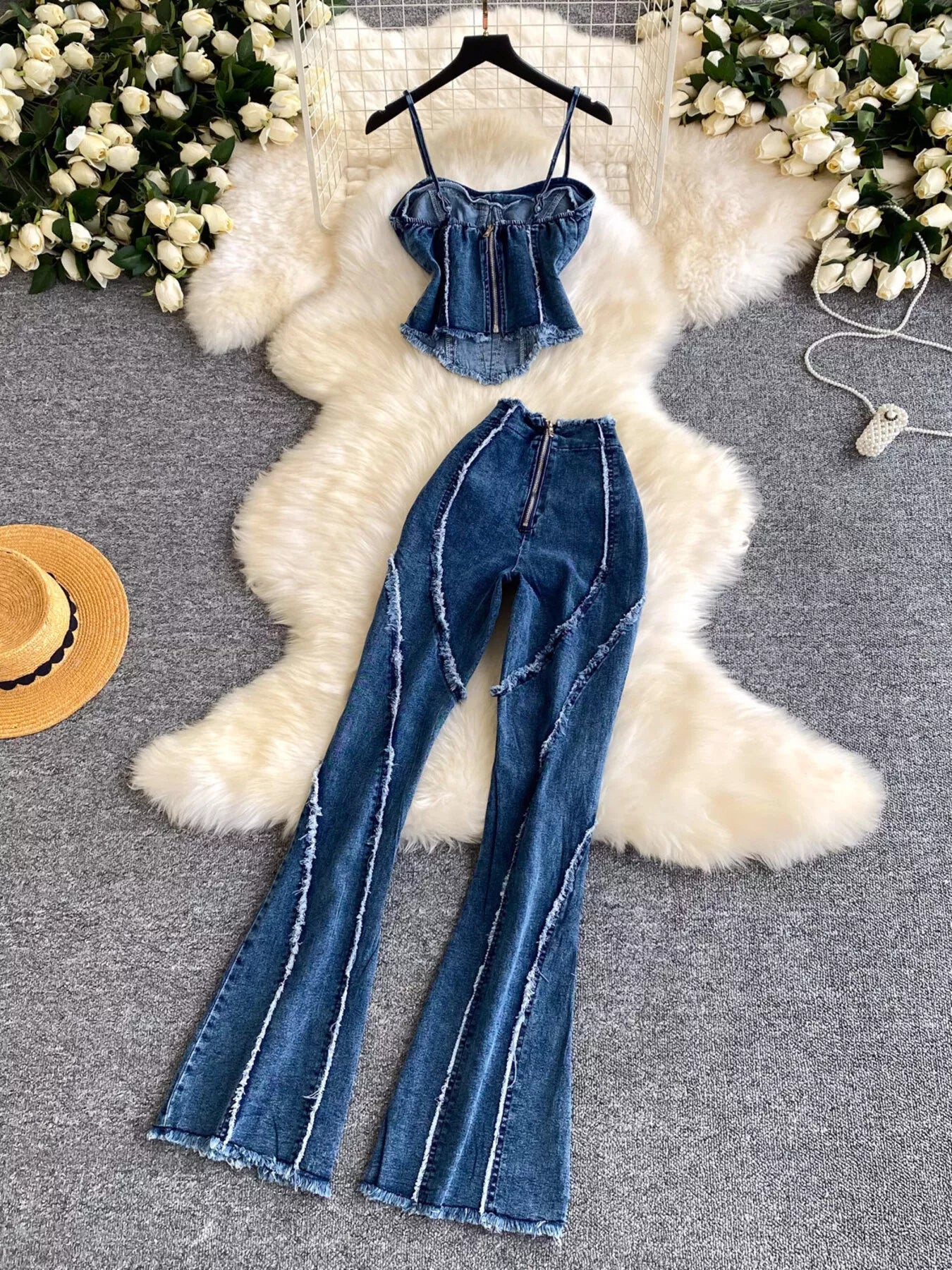 Raw Hem Denim Cami and Flare Jeans Set - Girly Tea