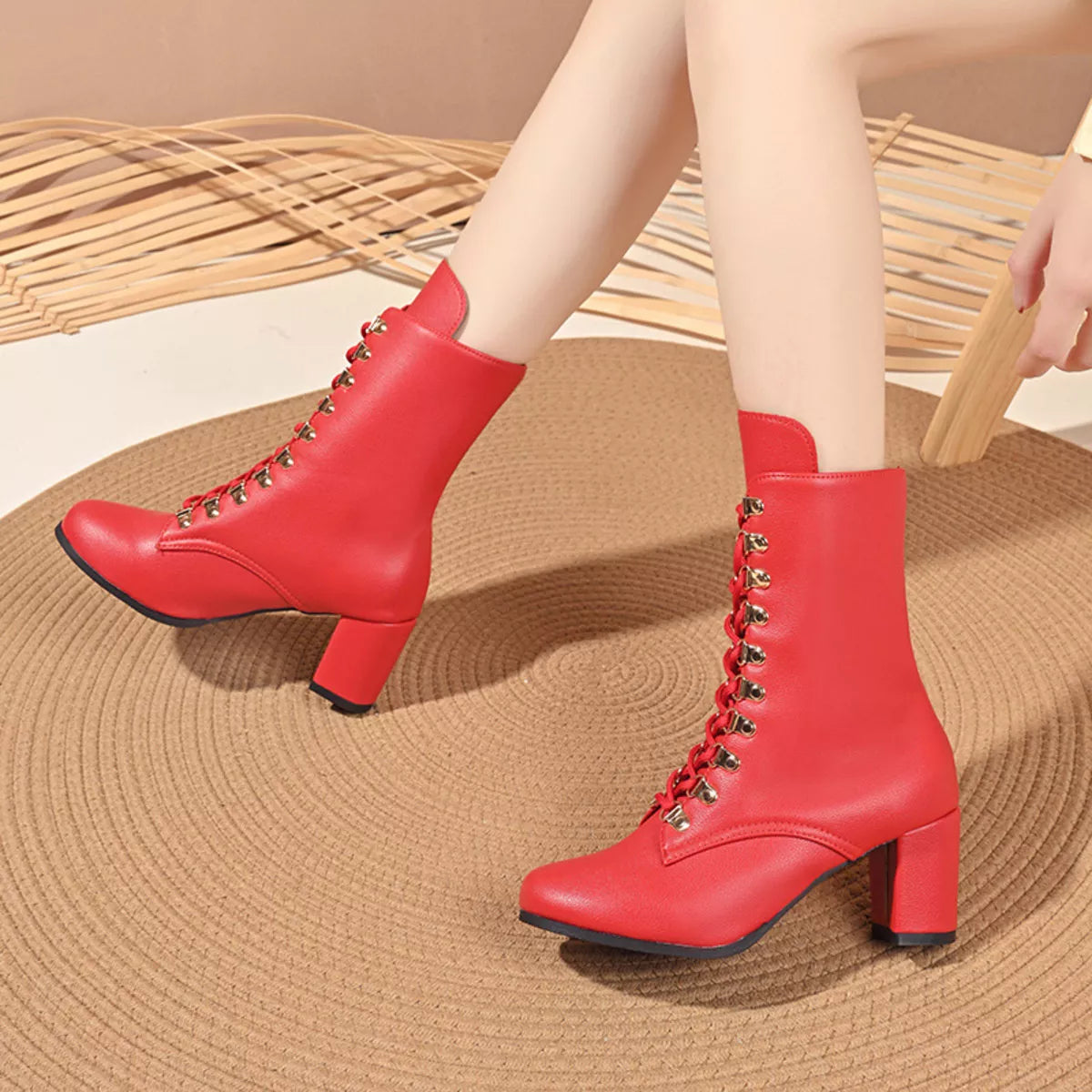 Lace-Up Boots with Block Heel - Girly Tea