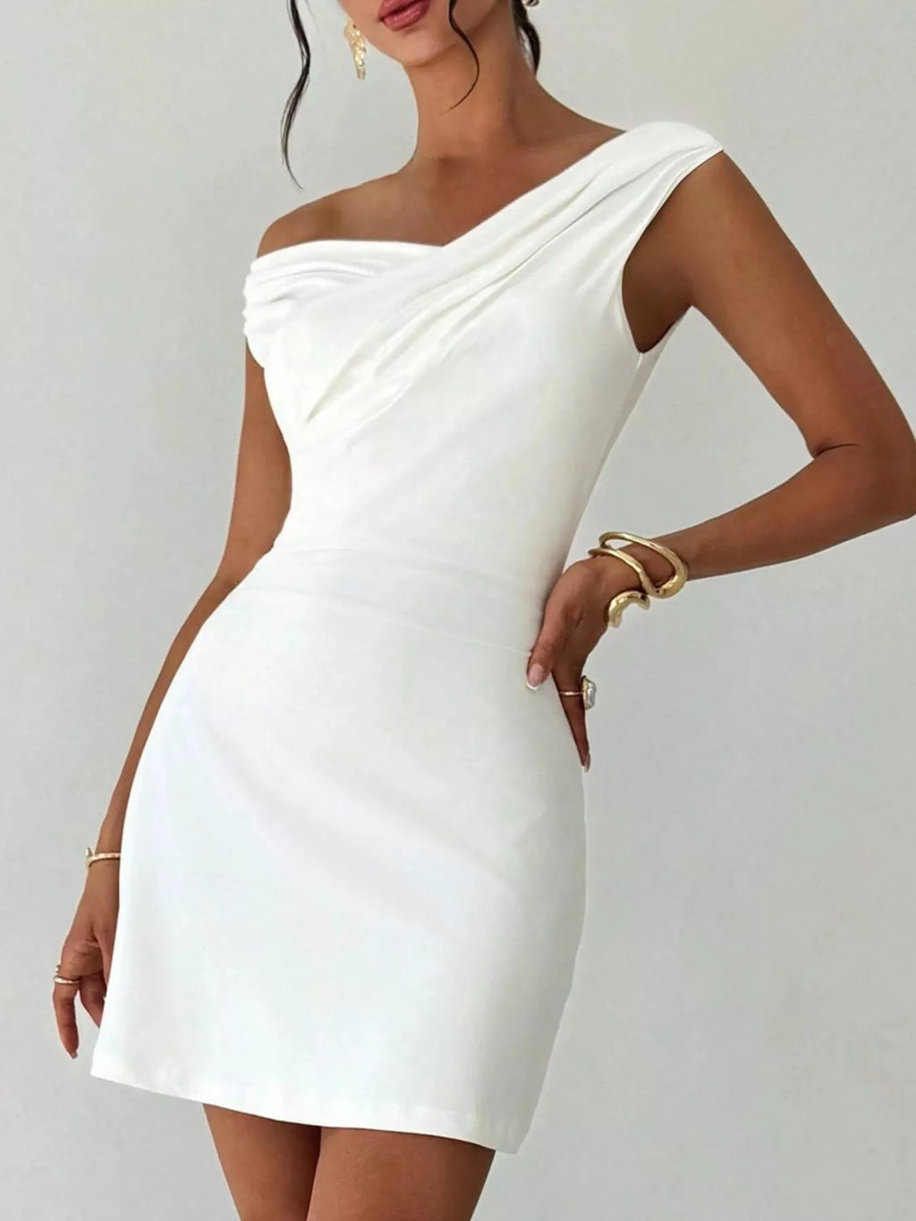 Elegant Off-Shoulder Draped Mini Dress - Girly Tea
