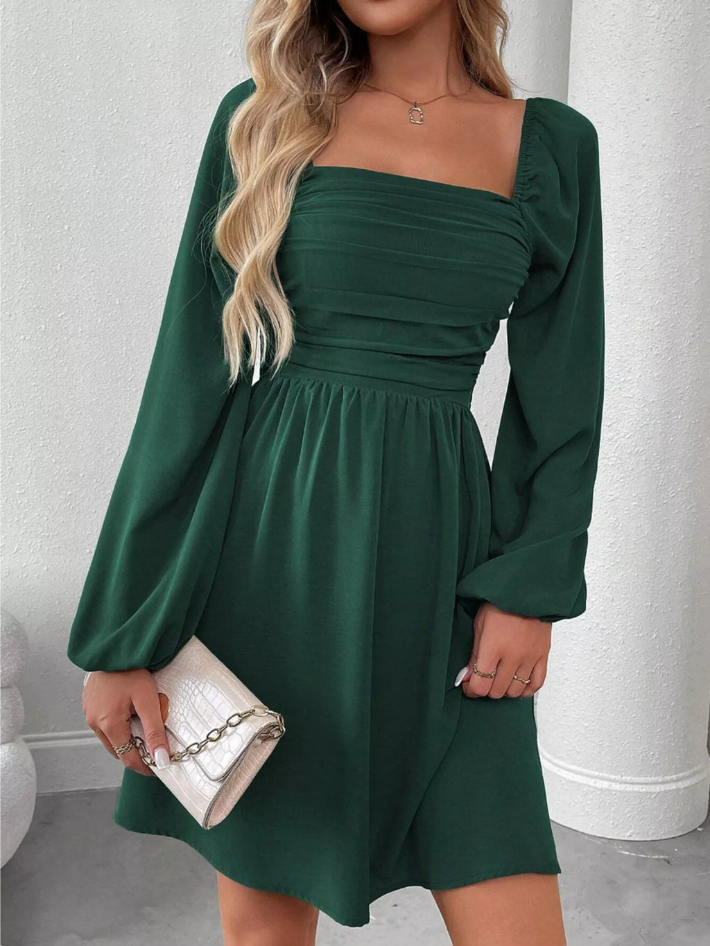 Ruched Square Neck Long Sleeve A-Line Dress - Girly Tea