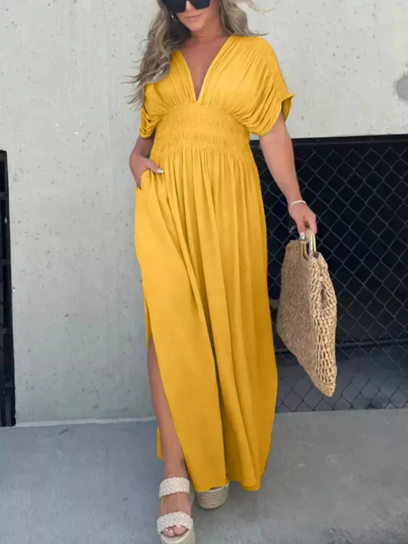 Full Size Slit V-Neck Smocked Waist Maxi Dress Plus Size - Girly Tea