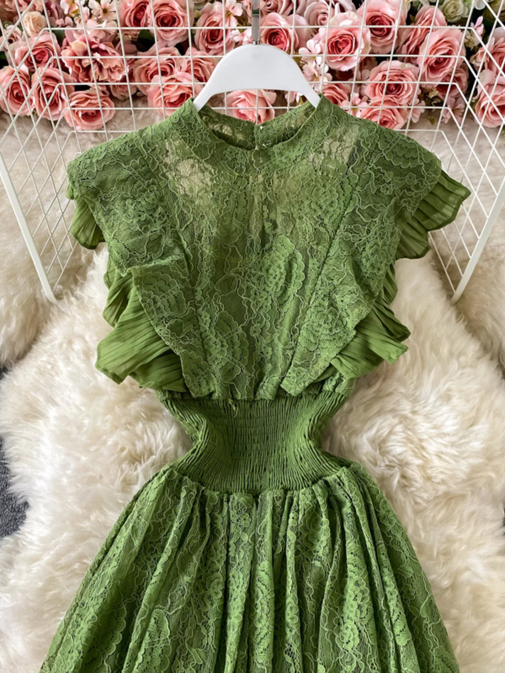 Ruffled Mock Neck Lace Maxi Dress - Girly Tea