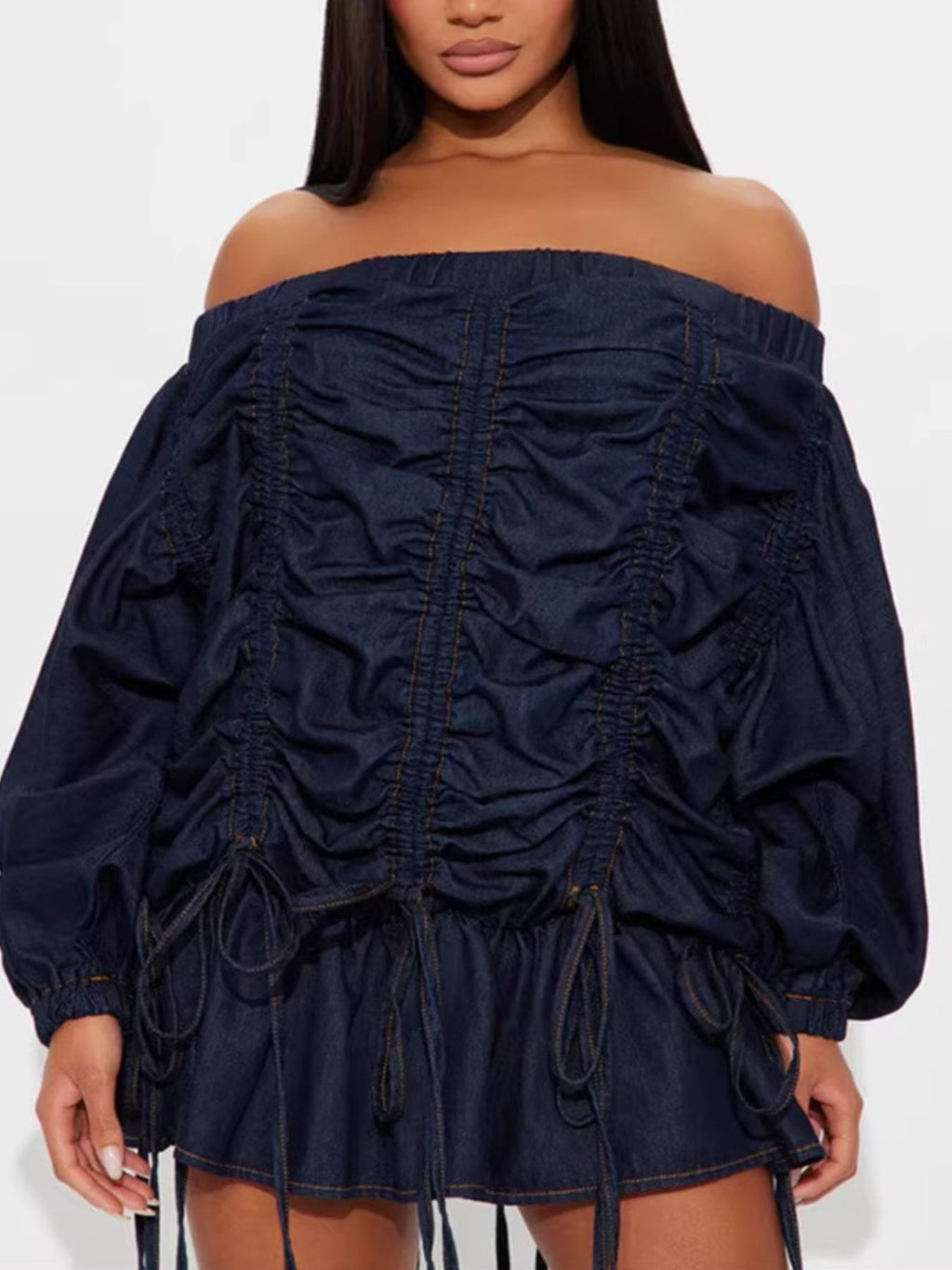 Off-Shoulder Ruched Denim Dress - Girly Tea
