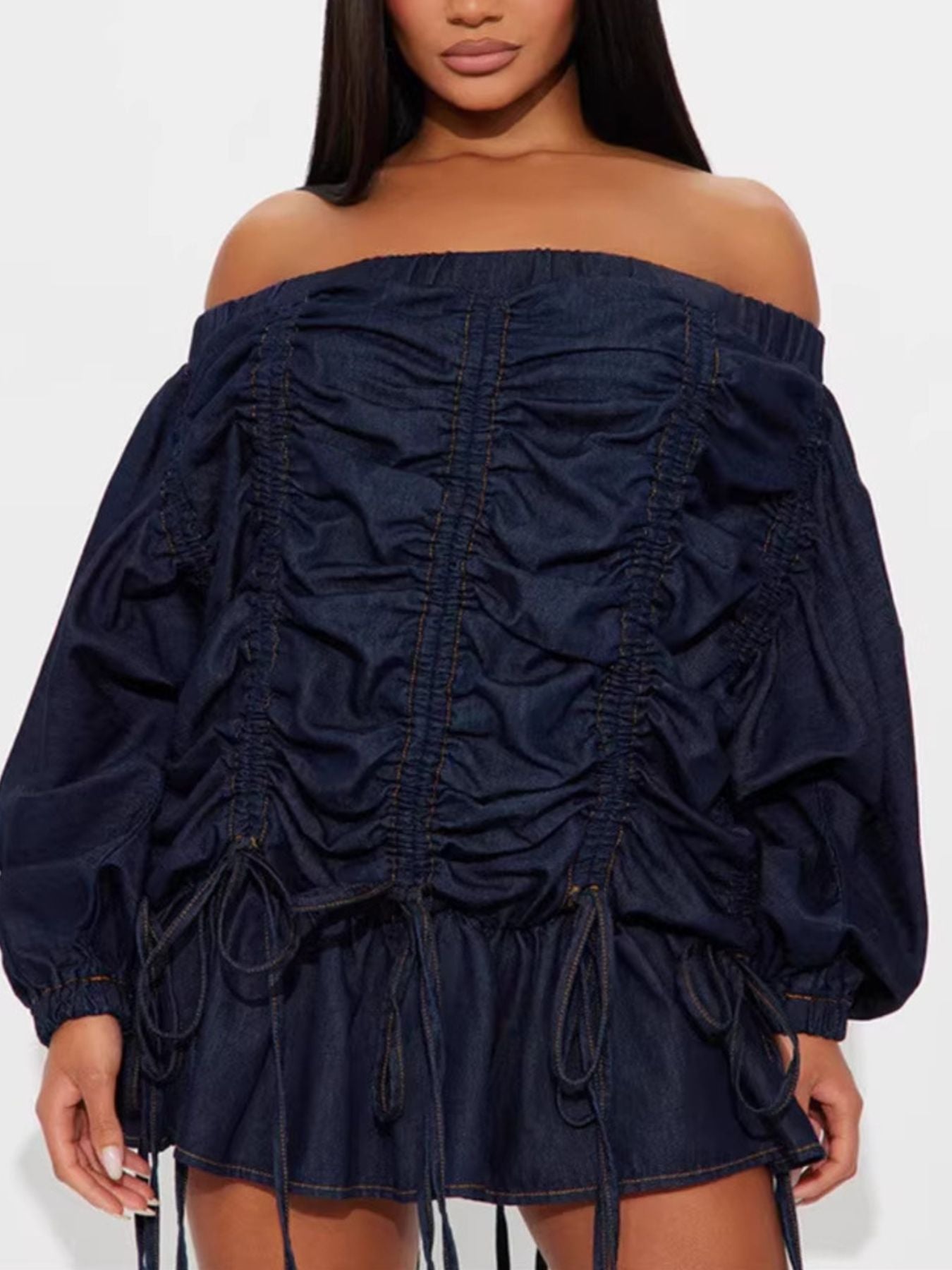 Off-Shoulder Ruched Denim Dress - Girly Tea