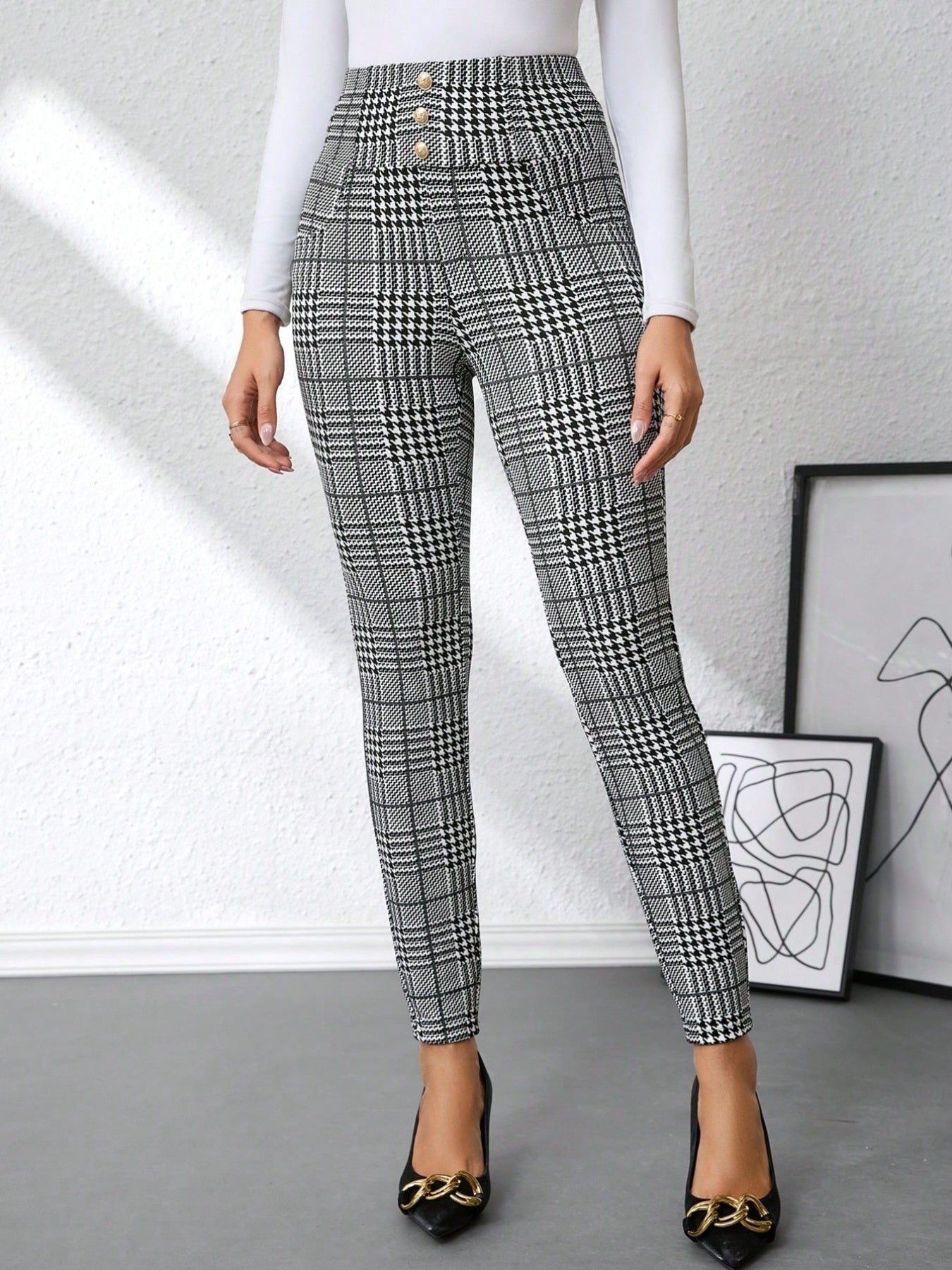 High Waist Plaid Slim Fit Pants - Girly Tea