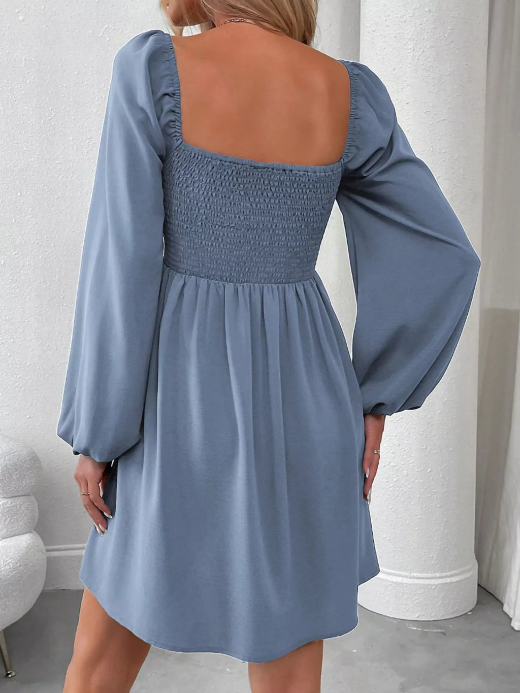 Ruched Square Neck Long Sleeve A-Line Dress - Girly Tea