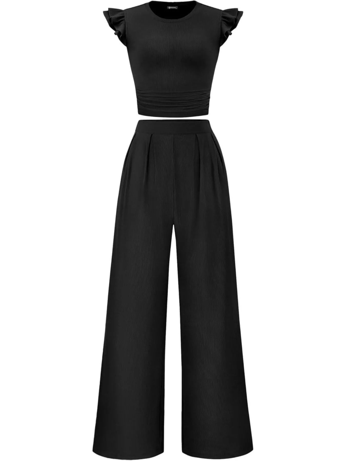 Ruffled Mock Neck Top and Wide Leg Pants Set - Girly Tea