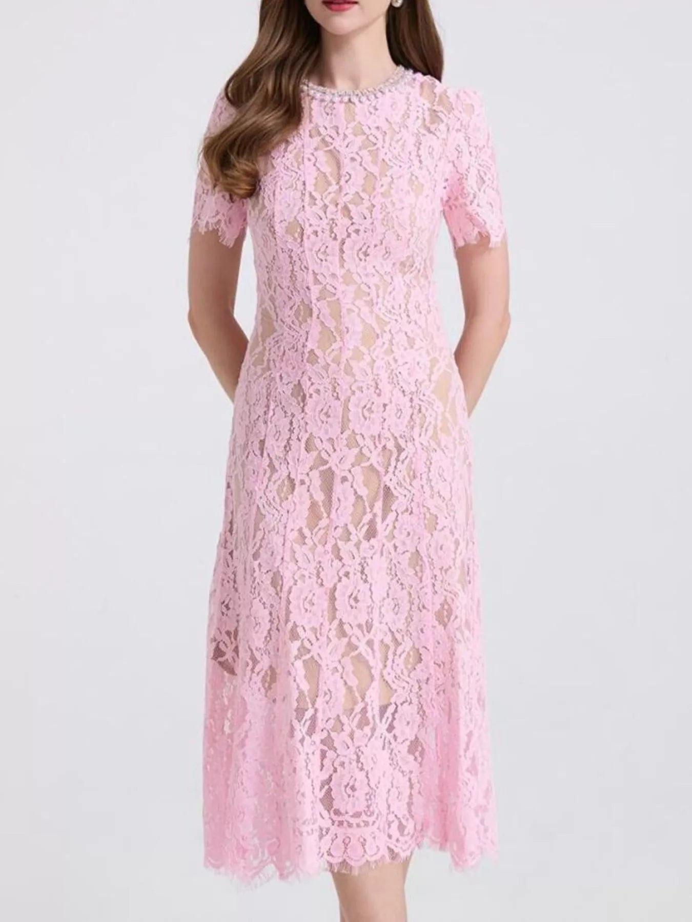 Lace Pearl Neckline Midi Dress - Girly Tea