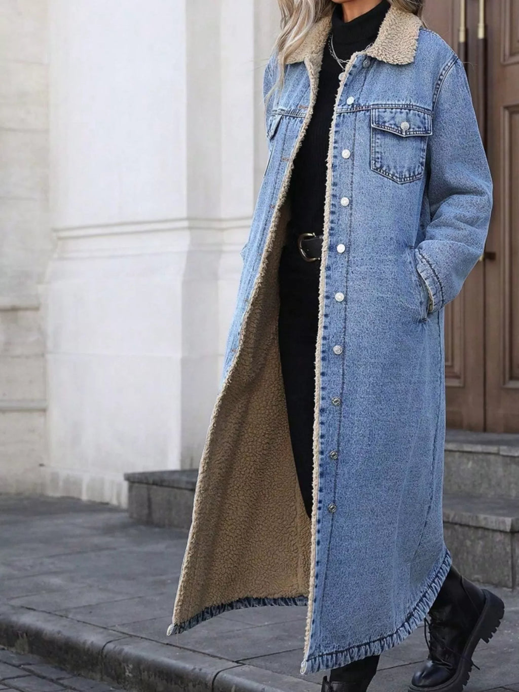 Sherpa Lined Longline Denim Jacket - Girly Tea
