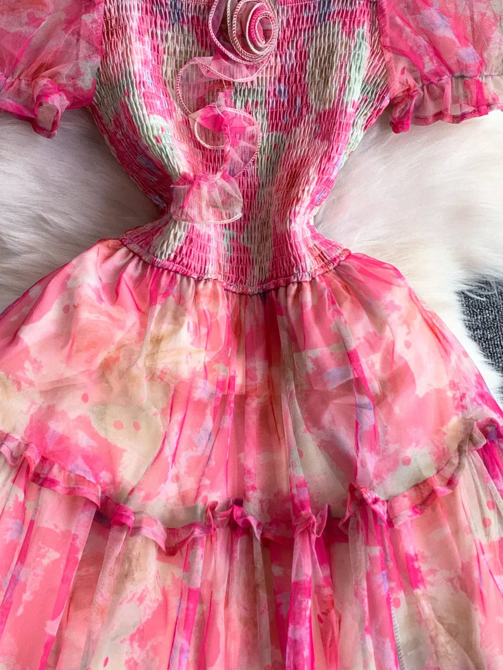 Smocked Floral Tiered Mesh Midi Dress - Girly Tea