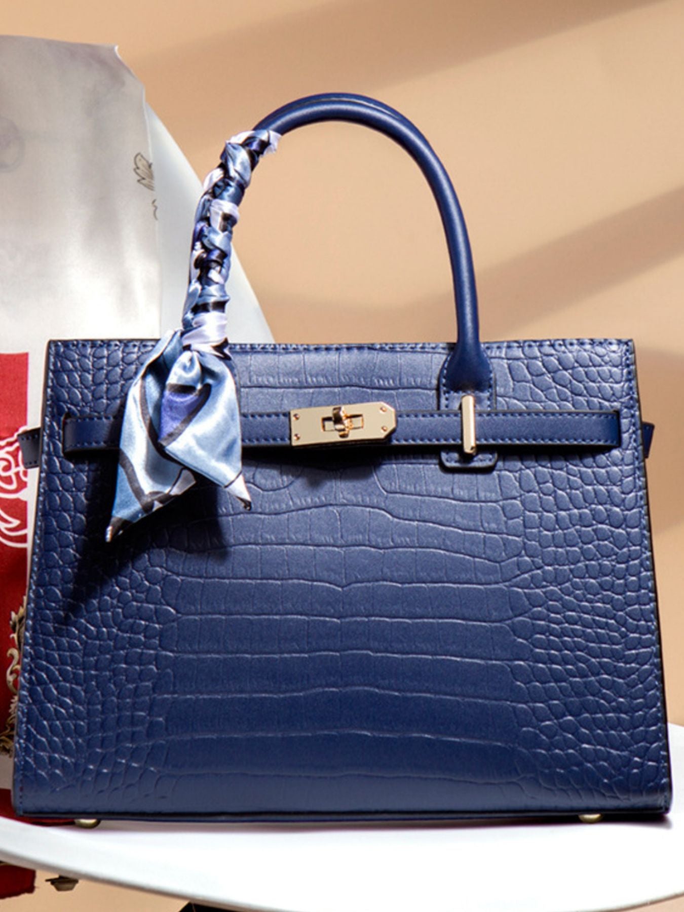 Crocodile Embossed Leather Top Handle Handbag - Girly Tea