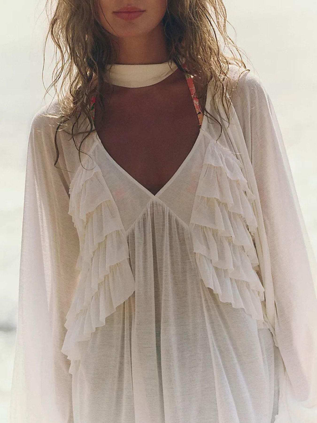 Sheer Ruffle Trim Beach Cover-Up - Girly Tea