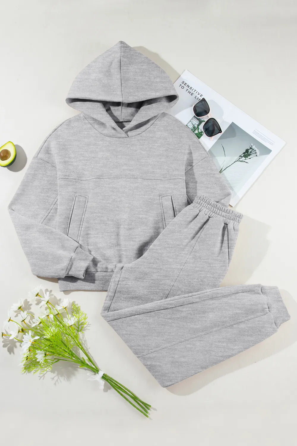 Dropped Shoulder Long Sleeve Hoodie and Pants Active Set - Girly Tea