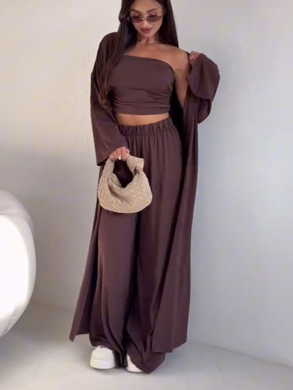 Tube Top & Cardigan & Pants Three Piece Set - Girly Tea