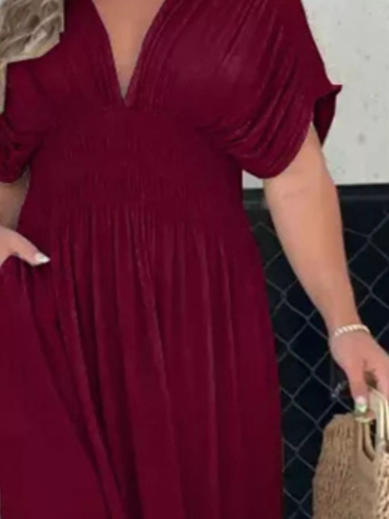 Full Size Slit V-Neck Smocked Waist Maxi Dress Plus Size - Girly Tea