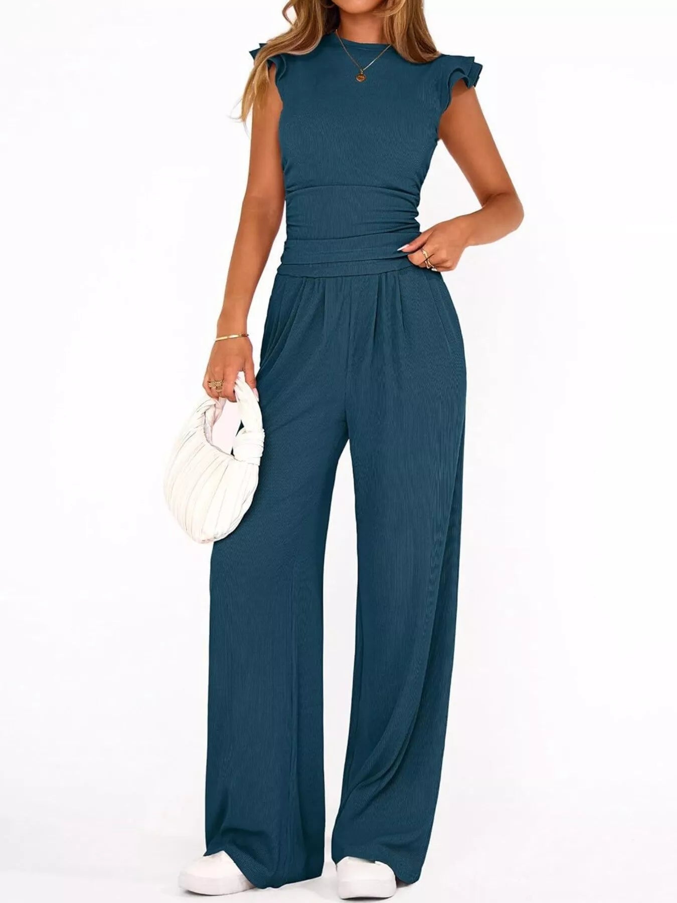 Ruffled Mock Neck Top and Wide Leg Pants Set - Girly Tea