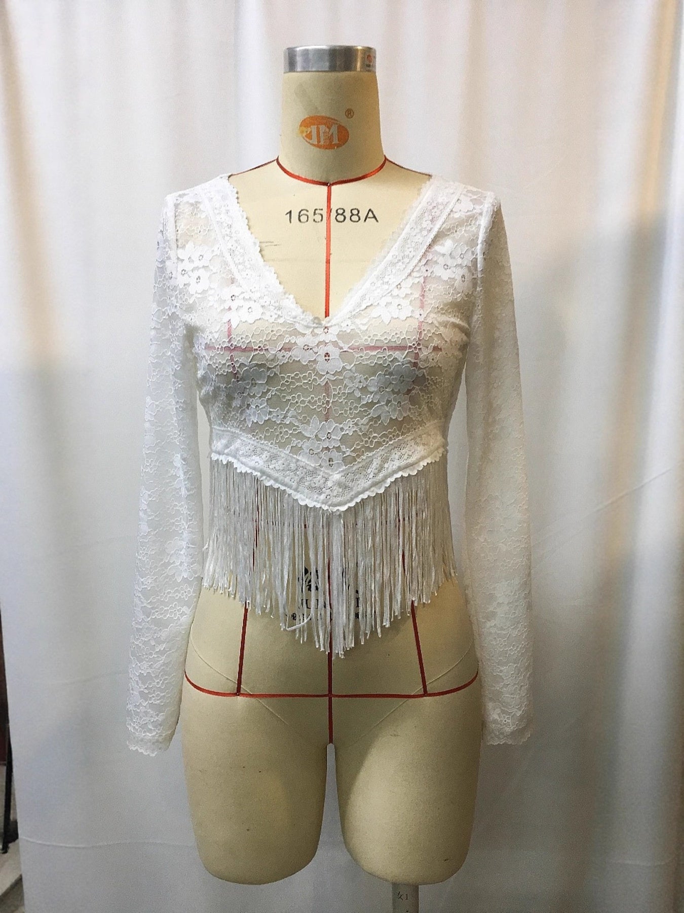 Full Size Fringe Hem Lace Long Sleeve Top Plus Size - Girly Tea