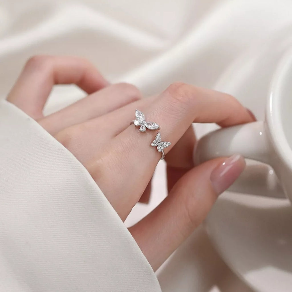 925 Sterling Silver Zircon Butterfly Open Ring - Girly Tea