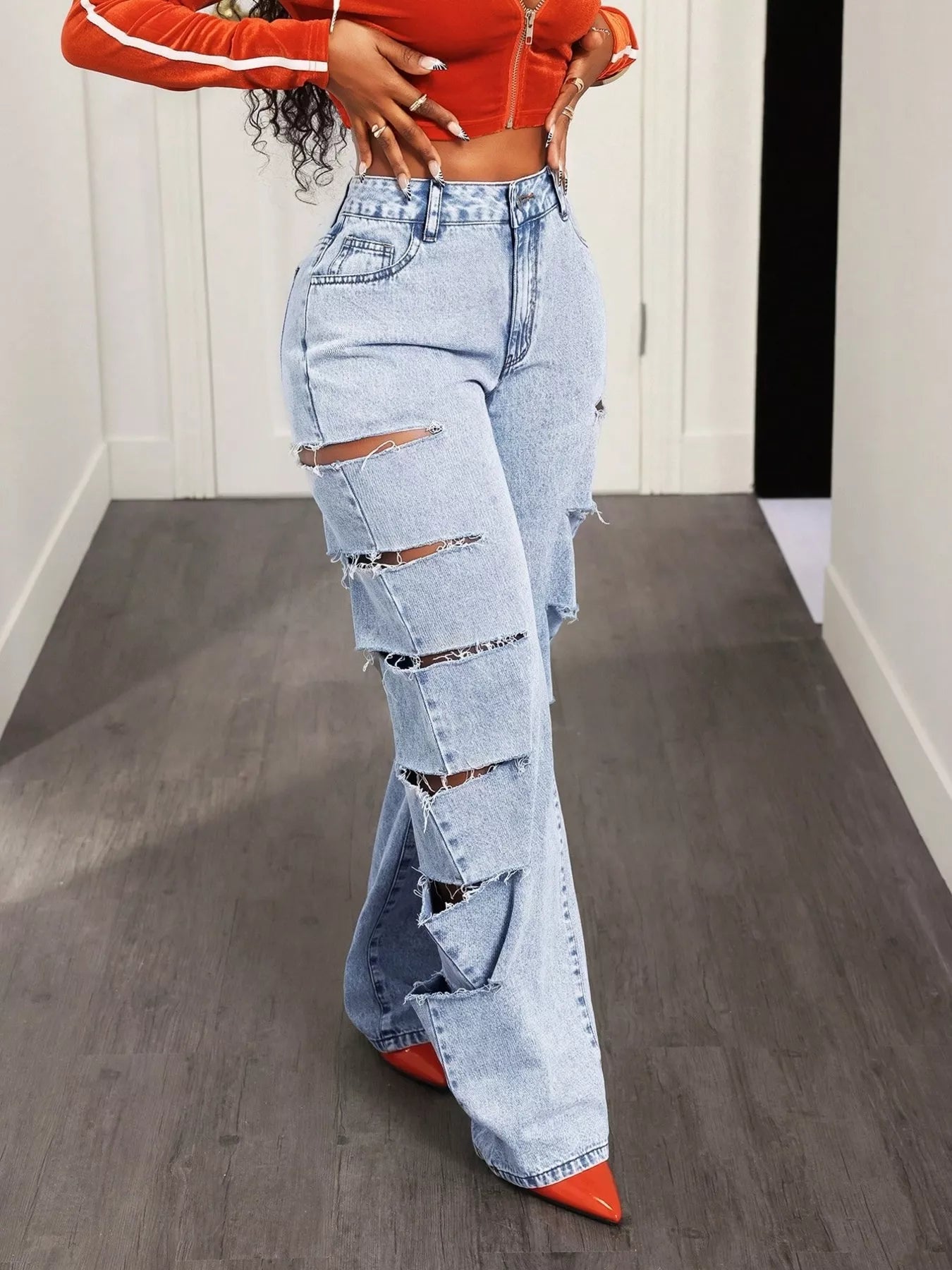 Distressed Wide Leg Jeans - Girly Tea