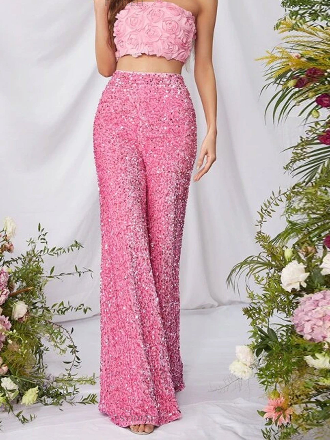 Sequin Embellished Wide Leg Pants - Girly Tea