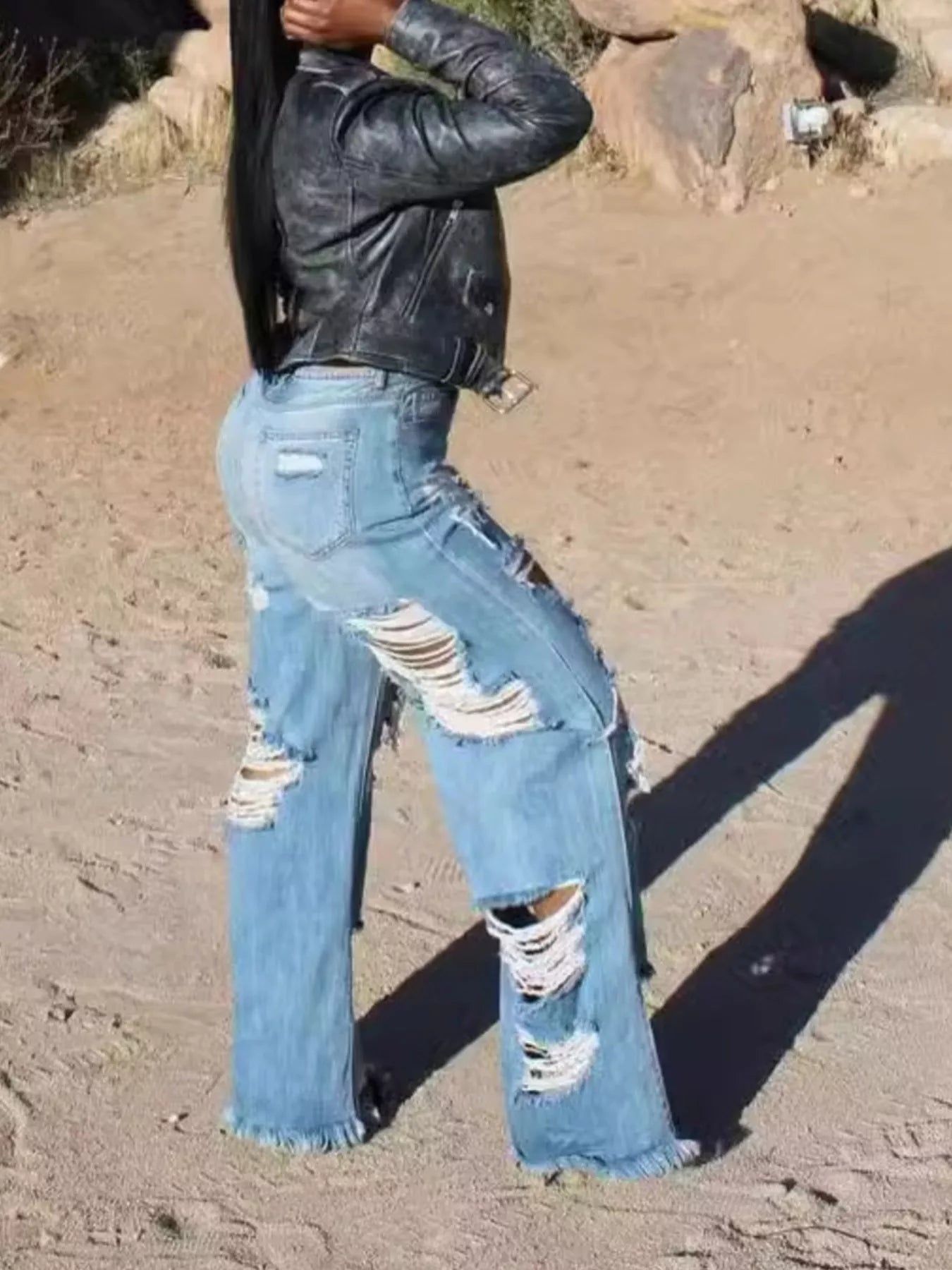 Full Size Distressed Wide Leg Jeans Plus Size - Girly Tea