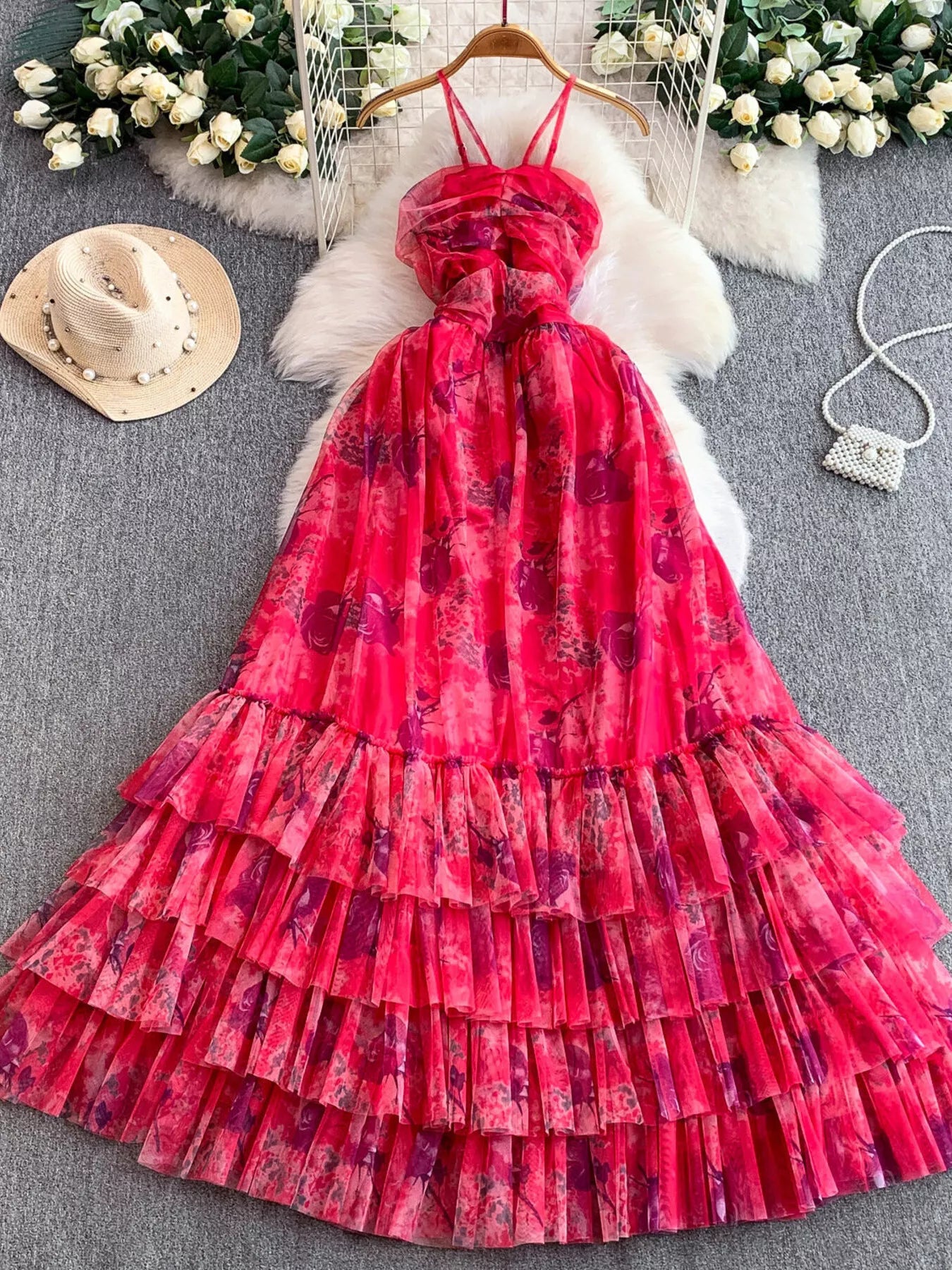 Floral Print Ruffled Layered Mesh Dress - Girly Tea