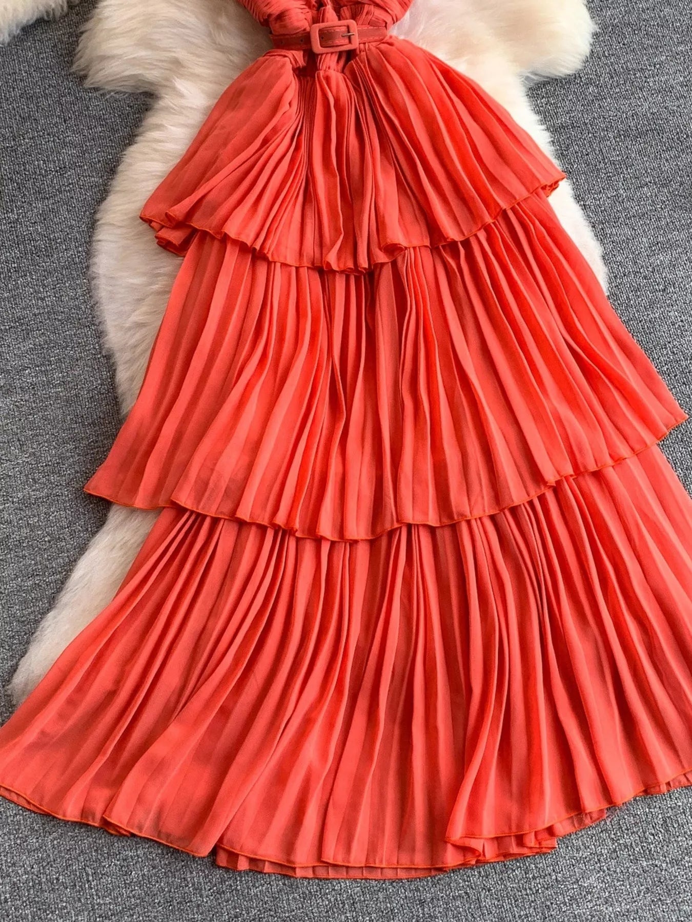 Pleated Layered Spaghetti Strap Midi Dress - Girly Tea