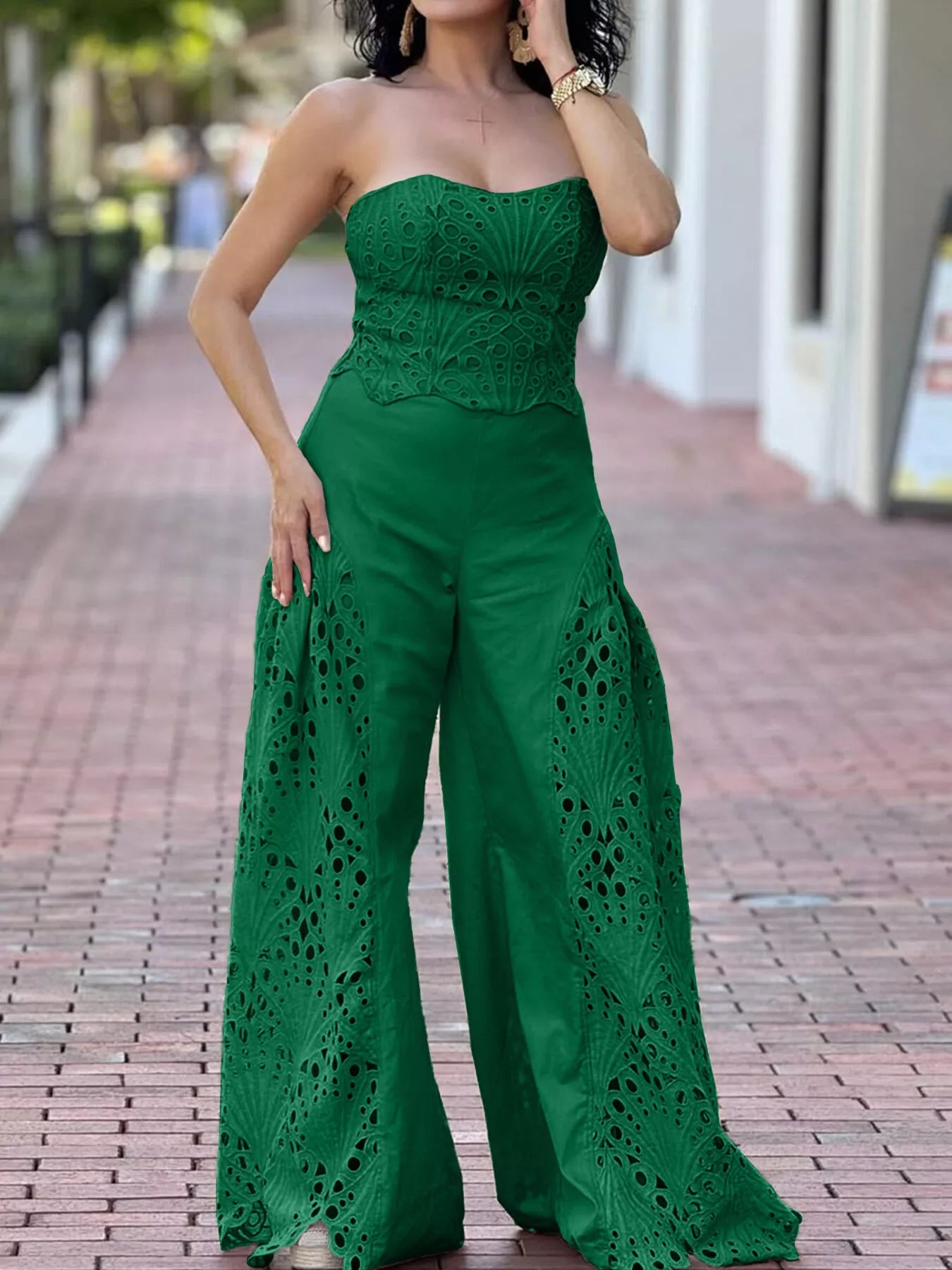Hollow-Out Tube Top and Pants Two-Piece Set - Girly Tea