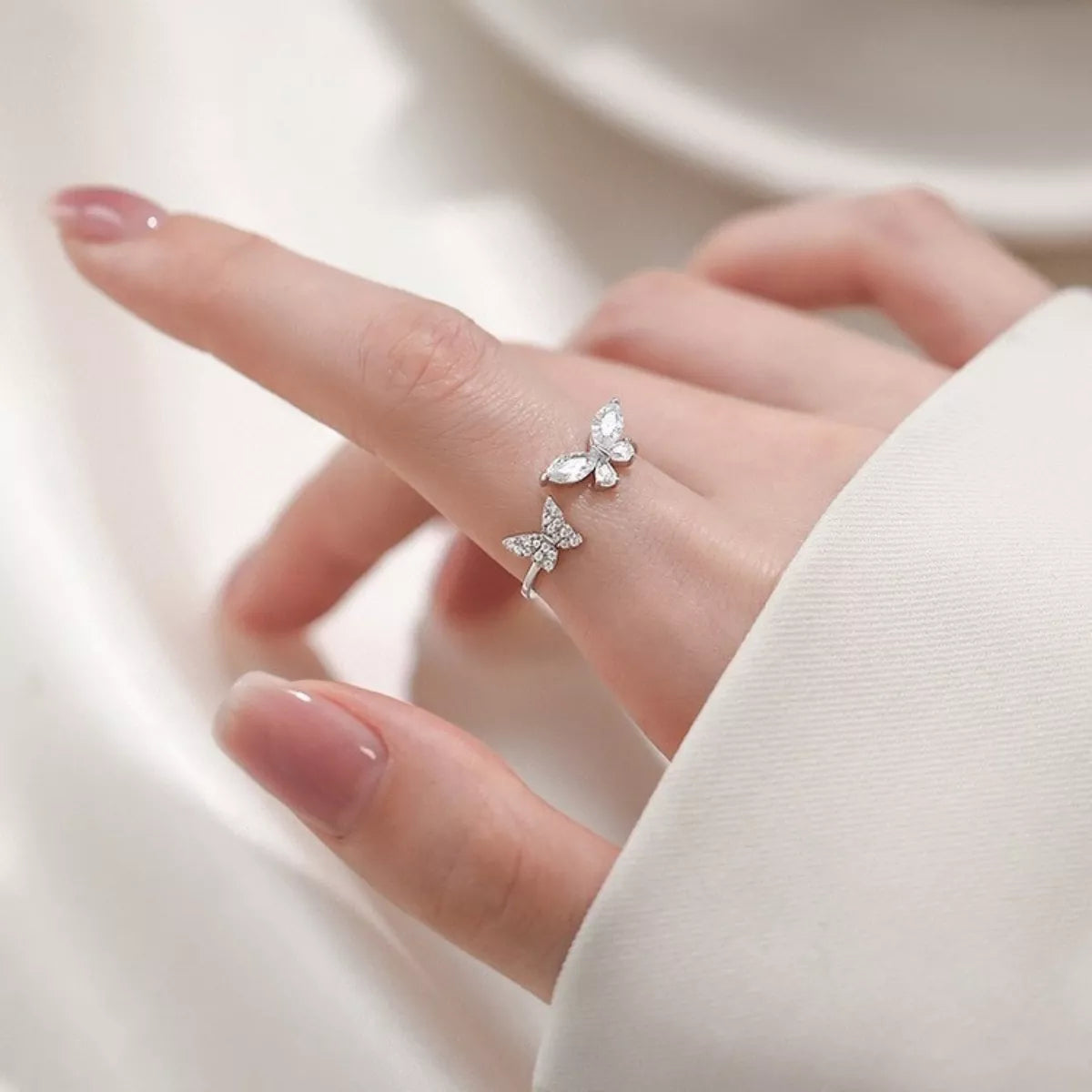 925 Sterling Silver Zircon Butterfly Open Ring - Girly Tea