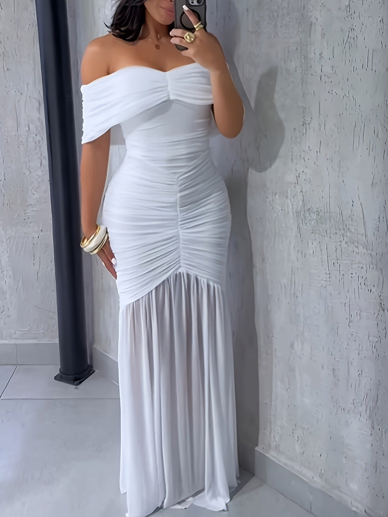 Off-Shoulder Ruched Bodycon Maxi Dress - Girly Tea