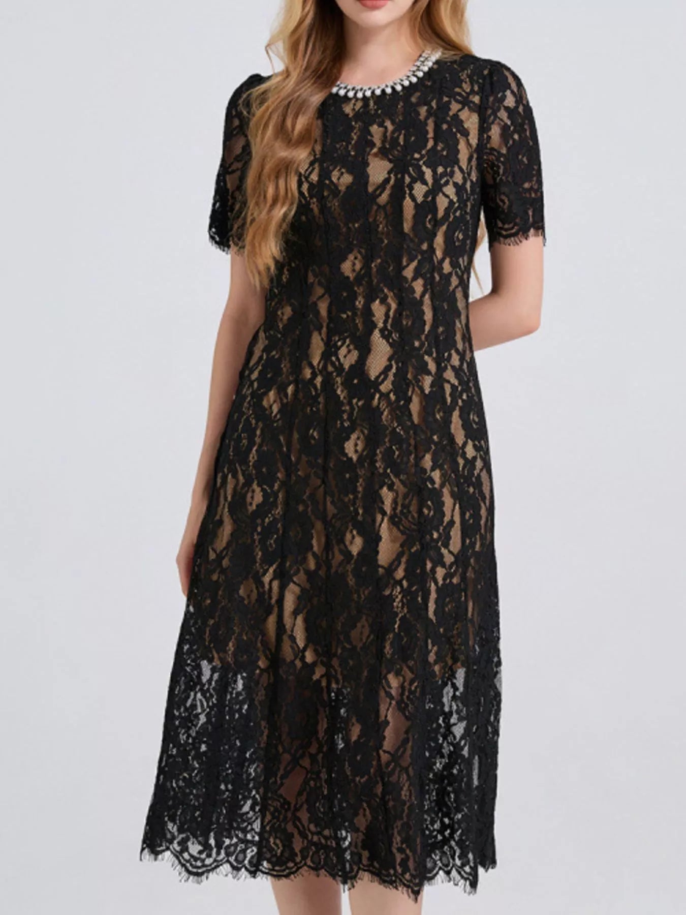 Lace Pearl Neckline Midi Dress - Girly Tea