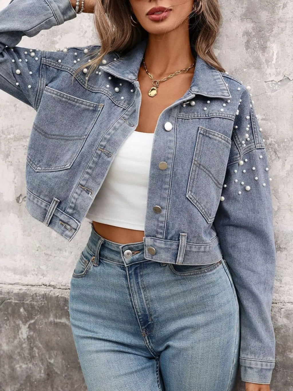 Pearl Embellished Cropped Denim Jacket - Girly Tea