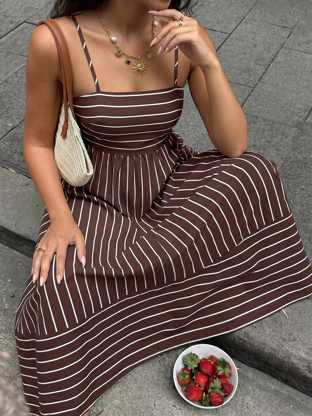 Striped Print Spaghetti Strap Maxi Dress - Girly Tea