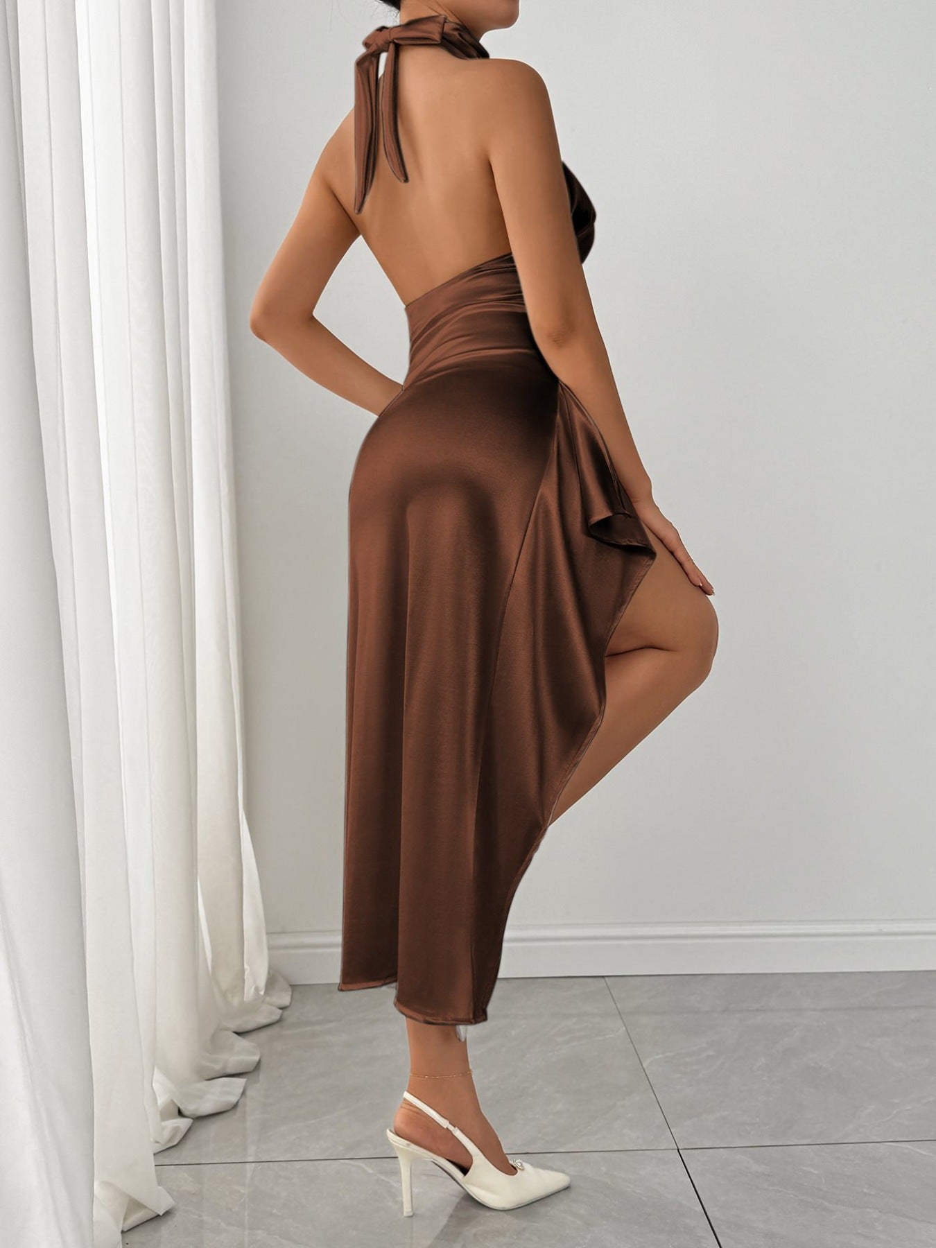 Halter Neck High Slit Satin Dress - Girly Tea