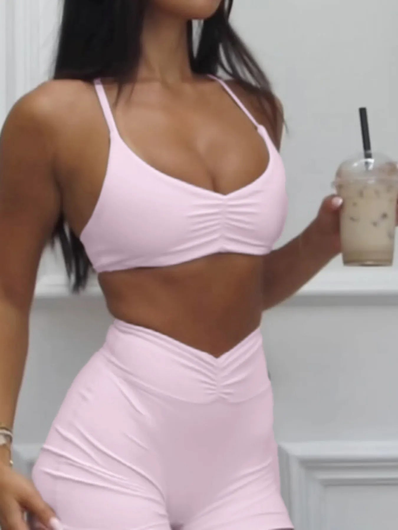 Ruched Sports Bra and High-Waisted Shorts Active Set - Girly Tea