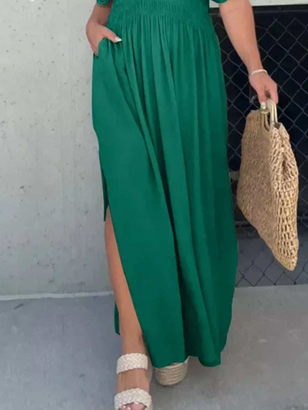 Full Size Slit V-Neck Smocked Waist Maxi Dress Plus Size - Girly Tea