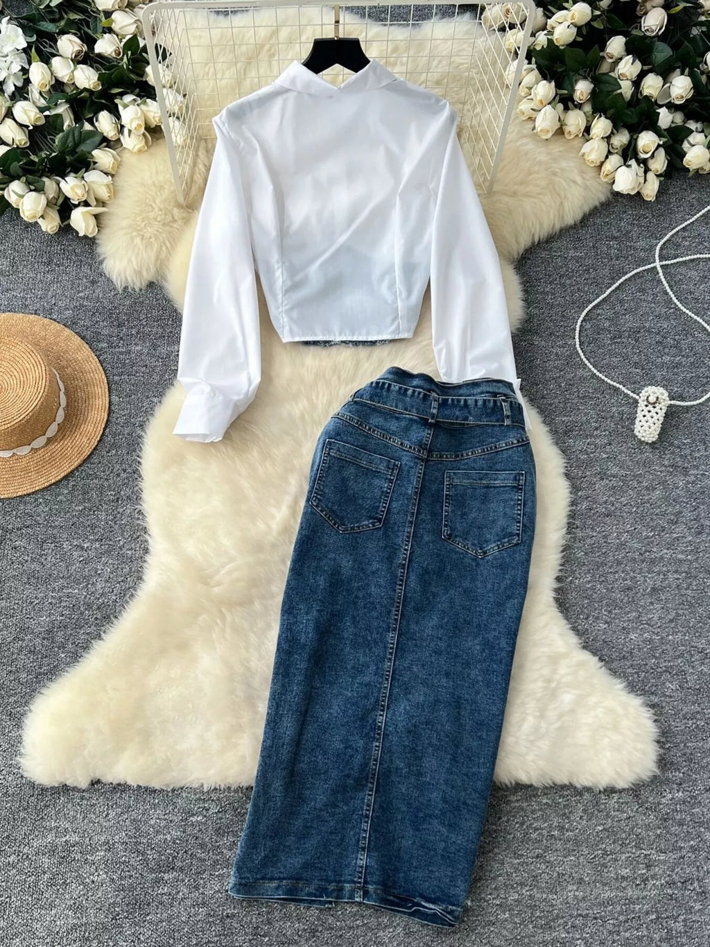 Frayed Denim Patchwork Top & Slit Maxi Skirt Denim Set - Girly Tea