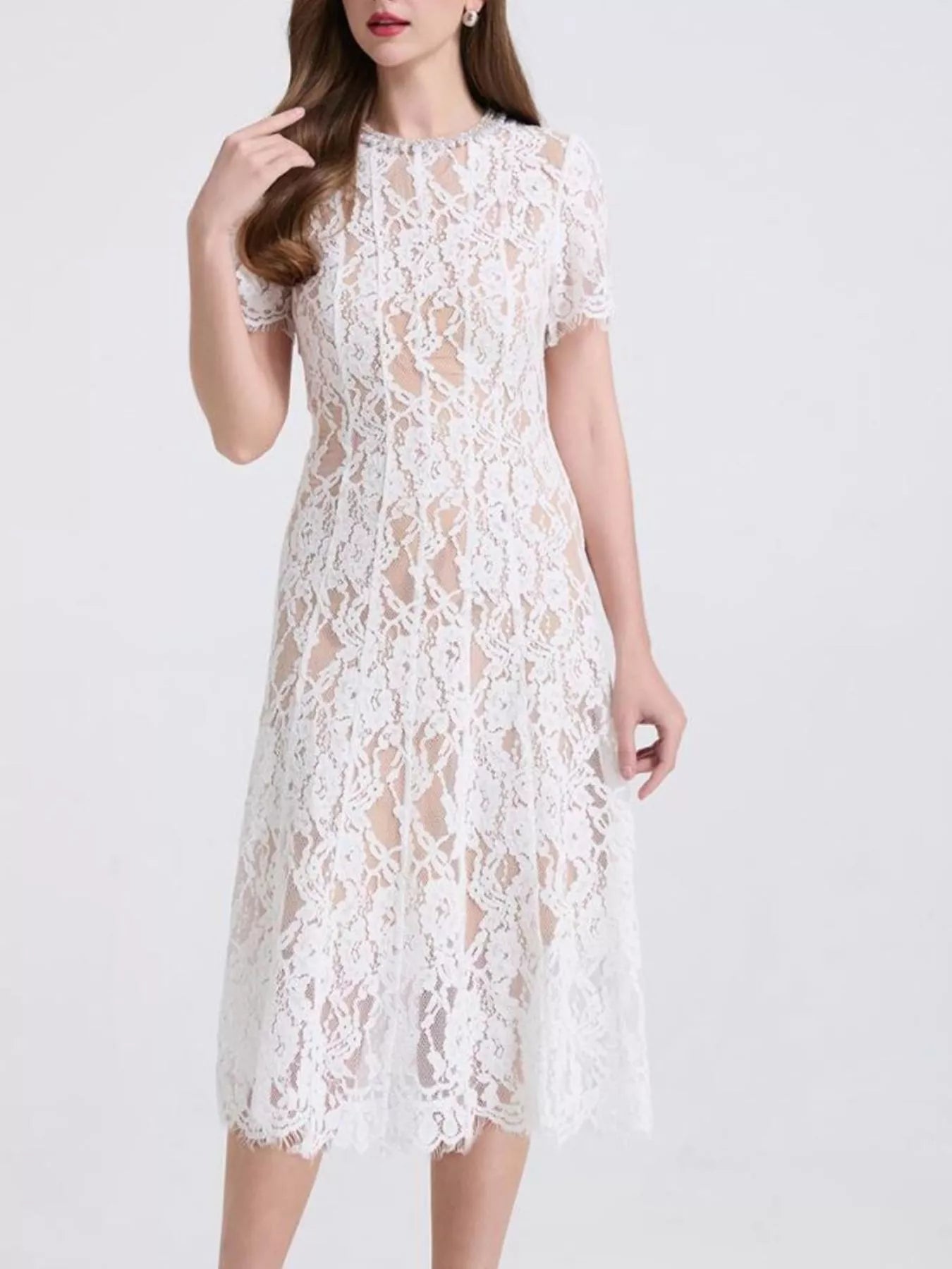 Lace Pearl Neckline Midi Dress - Girly Tea