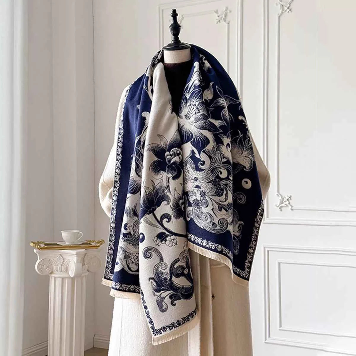 Floral Raw Hem Winter Scarf